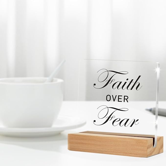 Positive Christian Gifts for Women Men, Faith Over Fear Christian Clear Acrylic Sign With Wooden Stand for Desk Table Shelf