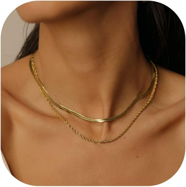 Herringbone Necklace for Women,Dainty Gold Necklace,14k Gold Plated Snake,Gold Chain Choker Necklaces,Simple Gold Layered Necklaces,Gold Jewelry Gift for Women