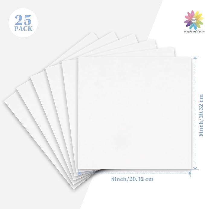 Mat Board Center, 25 Pack 8x8 Corrugated Cardboard sheet, 1/8 inch thick, Flat Cardboard Inserts for Mailing, Packaging & Shipping, Cardboard Backing, Craft Card Board (White on one side)