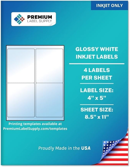 Premium Label Supply Glossy White Sticker Labels – 4" x 5" – (4 per Sheet) (Glossy White for Inkjet Only, 400 Labels)