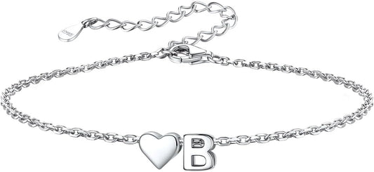 Silvora 925 Sterling Silver Dainty Initial Bracelet with Heart - 6.3" + 2" Adjustable Personalized 26 Letter Bracelet Jewelry Heart Bracelet for Women