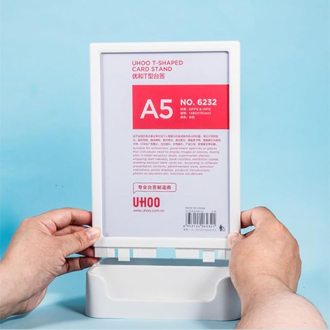 ABS Plastic Sign Holder, Menu Displays T Shape Sign Stand with Business Card Holder, Plastic Display Stand for Ads, Menu, Photos, Business Card (White A4 210×297mm/8.27×11.69 inches)