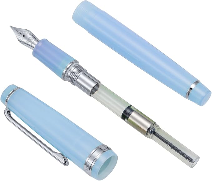 Jinhao 82 Acrylic Fountain Pen, Iridium Extra Fine Nib with Ink Converter, Transparent Light Blue Classic Design Smooth Writing Pen (Silver Trim)