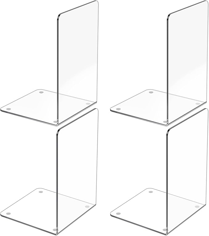 Acrylic Bookends 4 Pcs, Clear Book Ends for Shelves, Transparent Bookend Organizer, Book Holder Stand Decorative, Book Stoppers for Heavy Duty Books, CD, File, Video Games