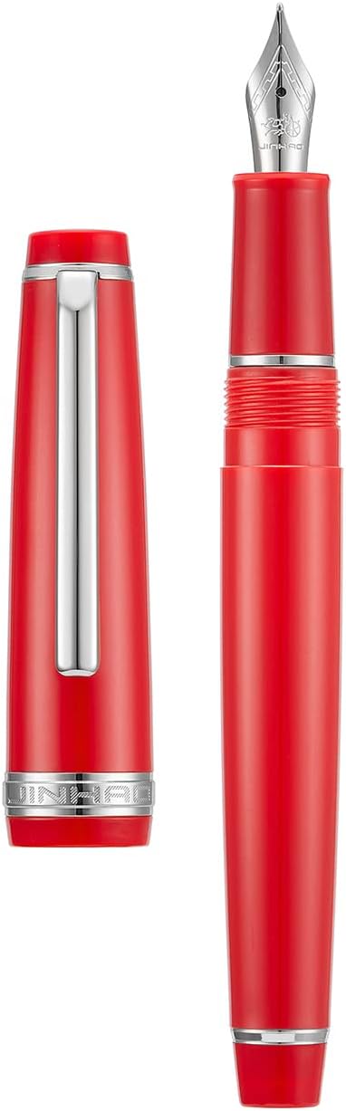 Jinhao 82 Red Acrylic Fountain Pen, Iridium Bent Nib Classic Design Smooth Writing Pen with Ink Converter (Silver Trim)