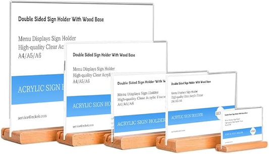Acrylic Sign Holder A4/A5/A6 Menu Displays Double Sided, Wood Base Table Top Sign Stand (Horizontal A6 148×105mm/5.83×4.13 inches)