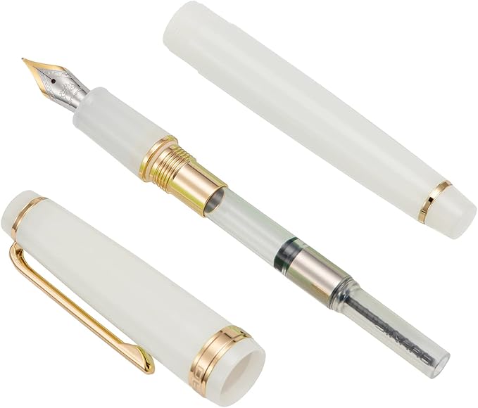 Jinhao 82 Acrylic Fountain Pen, Iridium Medium Nib with Ink Converter, Transparent Ivory White Classic Design Smooth Writing Pen (Gold Trim)