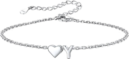 Silvora 925 Sterling Silver Dainty Initial Bracelet with Heart - 6.3" + 2" Adjustable Personalized 26 Letter Bracelet Jewelry Heart Bracelet for Women