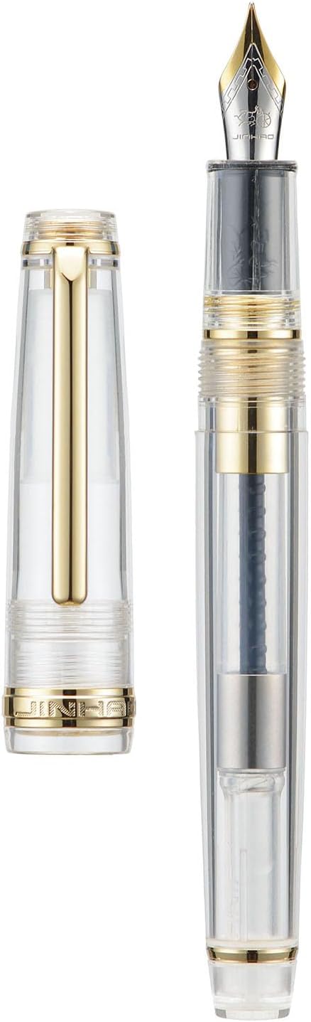 Jinhao 82 Acrylic Fountain Pen, Iridium Medium Nib with Ink Converter, Transparent Unqiue Design Smooth Writing Pen (Gold Trim)