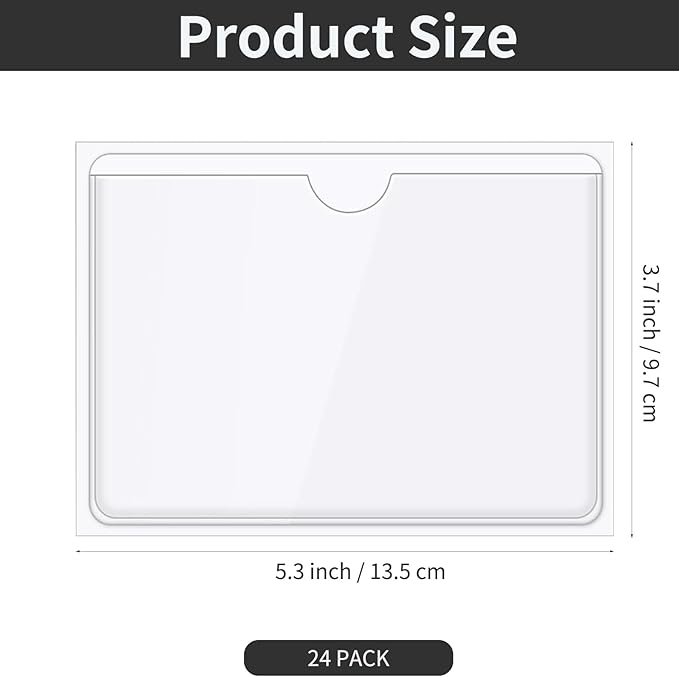 24 Pack Self-Adhesive Index Card Pockets for 3" x 5" Card,Clear Plastic Labels Holders with Top Open for Loading, Storage Bins, Library and Bins