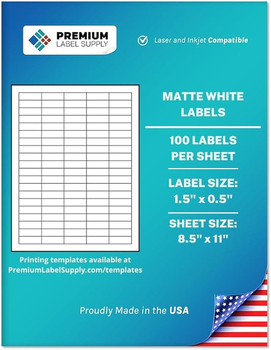 Premium Label Supply White Sticker Barcode Labels – 1.5" x 0.5" – Laser/Inkjet Compatible – (100 per Sheet), 500 Sheets – 50,000 Total Adhesive Labels