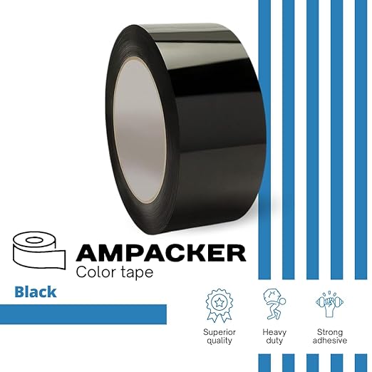 Heavy Duty Packaging Color Tape for Shipping,Packing and Moving 2" Wide x 2.0 Mil Thick -110 Yrd Roll -Acrylic Adhesive Tape for Box Sealing. (6 Rolls, Black, 2" Wide x 110 yds).