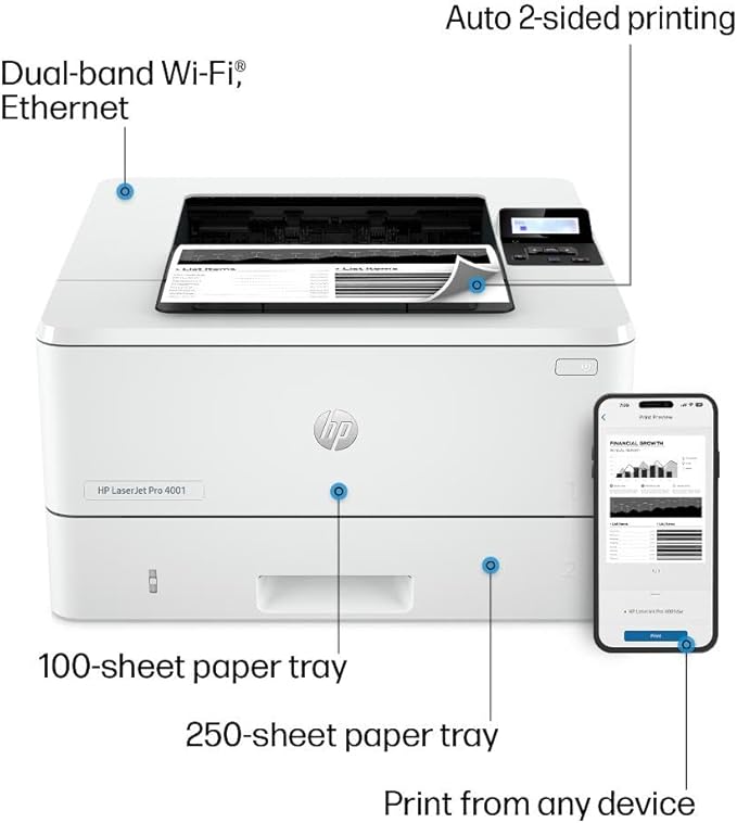 HP LaserJet Pro 4001dw Wireless Black & White Printer, Best-for-Office (2Z601F)