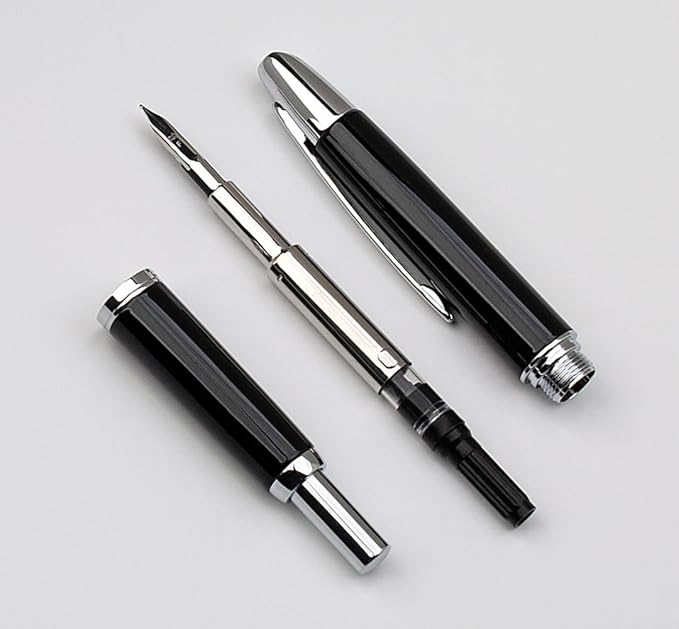 JINHAO 10 Press Fountain Pen, Retractable Metal Pen with Ink Converter (EF Nib 0.38mm, Bright Black)