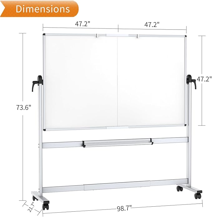 VIZ-PRO Double-Sided Mobile Whiteboard, 96 x 48 Inches, Magnetic Rolling Dry Erase White Board on Wheels with Aluminium Frame and Stand