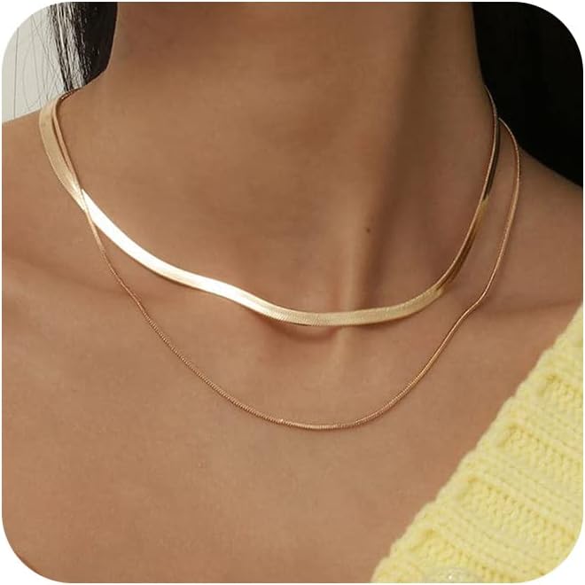 Herringbone Necklace for Women,Dainty Gold Necklace,14k Gold Plated Snake,Gold Chain Choker Necklaces,Simple Gold Layered Necklaces,Gold Jewelry Gift for Women