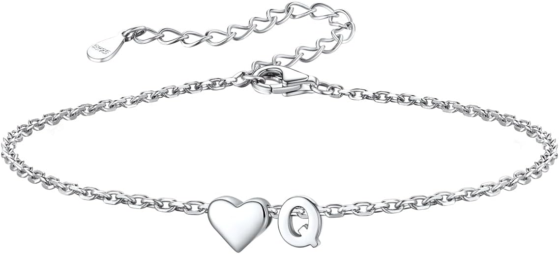 Silvora 925 Sterling Silver Dainty Initial Bracelet with Heart - 6.3" + 2" Adjustable Personalized 26 Letter Bracelet Jewelry Heart Bracelet for Women