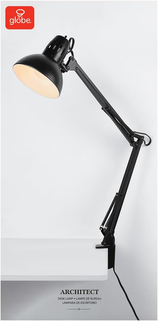 Globe Electric 56963 31.5" Multi-Joint Desk Lamp with Metal Clamp, Black, On/Off Rotary Switch on Shade, Partially Adjustable Swing Arm, Home Essentials, Reading Light, Office Décor