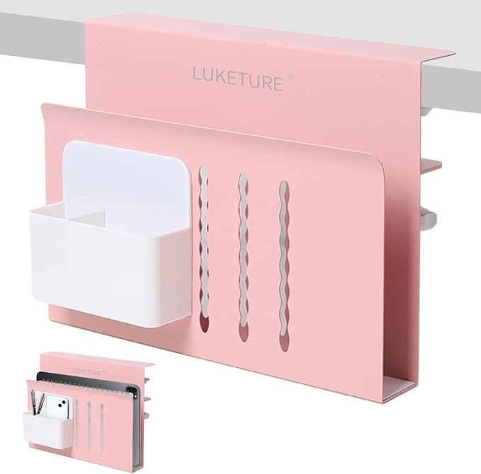 LUKETURE Desk Side Storage, Steel Side Desk Organizer, No Drill Laptop Holder, Clamp on Laptop Mount with Pen Holder, Table Hanging Storage for Home Office, Fits Flat Edge Tables 0.3" to 2.8"