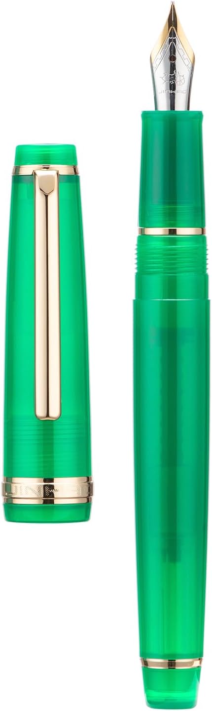 Jinhao 82 Acrylic Fountain Pen, Iridium Fine Nib with Ink Converter, Transparent Jungle Green Classic Design Smooth Writing Pen (Gold Trim)