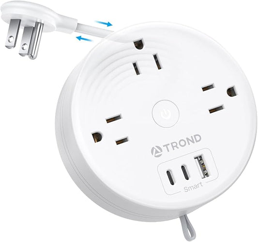 TROND Travel Power Strip - Retractable Extension Cord 5ft Ultra Thin Flat Plug, Retractable Power Strip with 3 AC Outlets 3 USB Ports (2 USB C), Cruise Ship Essentials, for Home Hotel Dorm Room, White