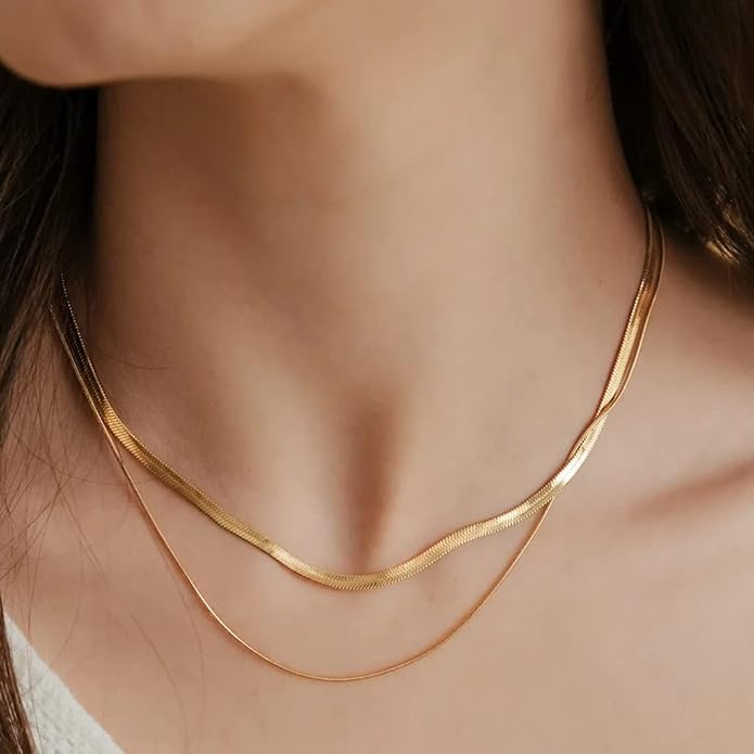 Herringbone Necklace for Women,Dainty Gold Necklace,14k Gold Plated Snake,Gold Chain Choker Necklaces,Simple Gold Layered Necklaces,Gold Jewelry Gift for Women