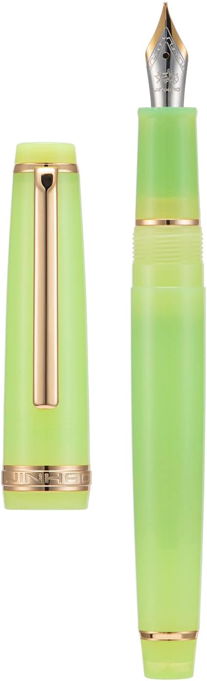 Jinhao 82 Acrylic Fountain Pen, Iridium Medium Nib with Ink Converter, Transparent Green Classic Design Smooth Writing Pen (Gold Trim)