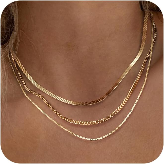Herringbone Necklace for Women,Dainty Gold Necklace,14k Gold Plated Snake,Gold Chain Choker Necklaces,Simple Gold Layered Necklaces,Gold Jewelry Gift for Women
