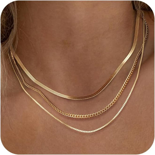 Herringbone Necklace for Women,Dainty Gold Necklace,14k Gold Plated Snake,Gold Chain Choker Necklaces,Simple Gold Layered Necklaces,Gold Jewelry Gift for Women