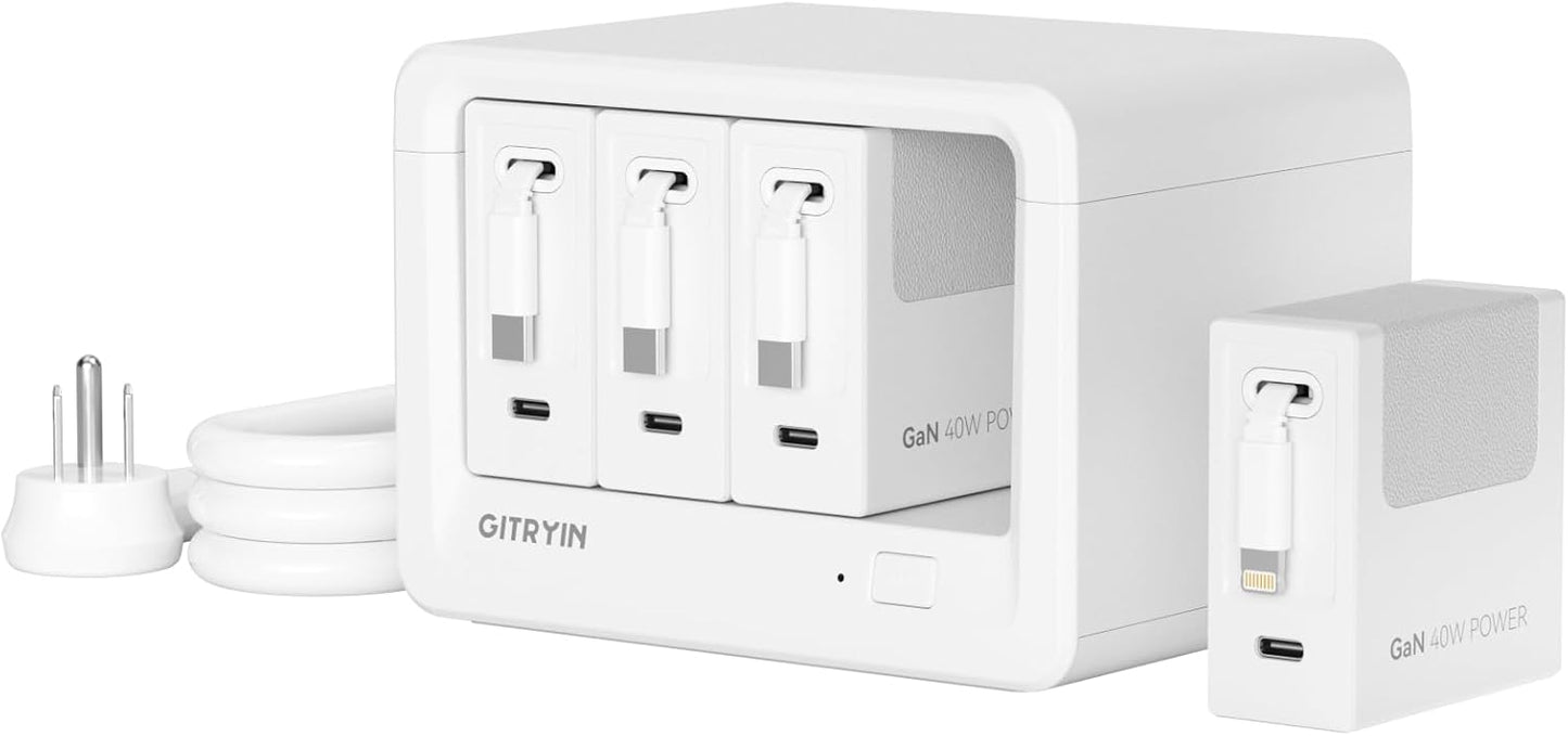 12-in-1 Desktop Charging Station with 3 Retractable Type-C Chargers and 1 Lightning Charger, 40W USB-C Power Strip with 31.5in Cable, Extension Cord with 1020J Surge Protection for Home Office