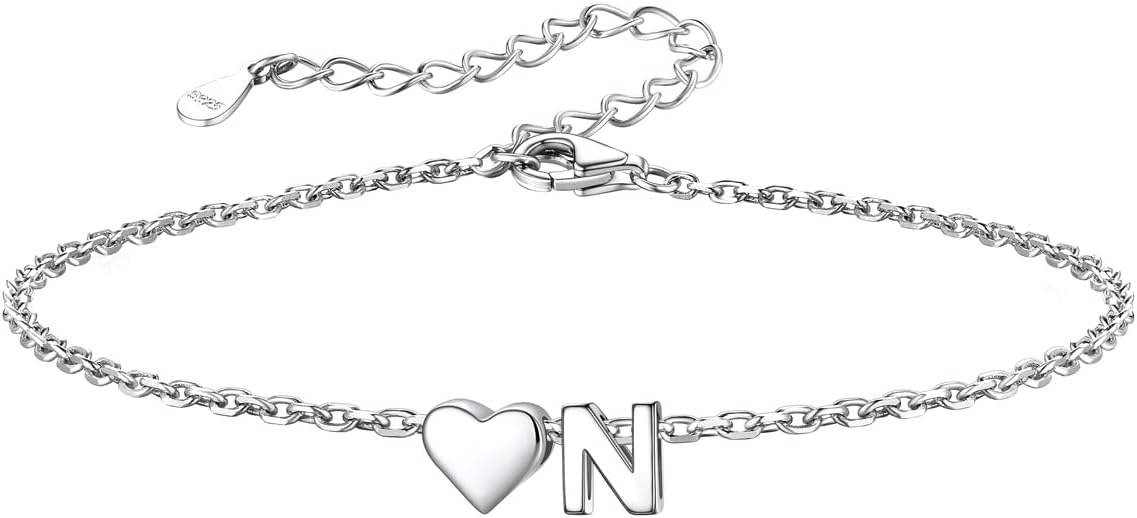 Silvora 925 Sterling Silver Dainty Initial Bracelet with Heart - 6.3" + 2" Adjustable Personalized 26 Letter Bracelet Jewelry Heart Bracelet for Women