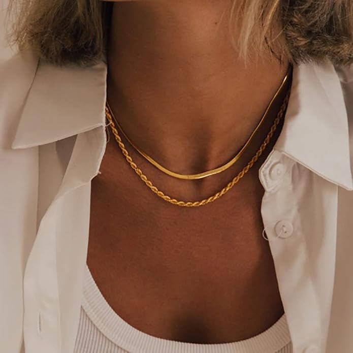 Herringbone Necklace for Women,Dainty Gold Necklace,14k Gold Plated Snake,Gold Chain Choker Necklaces,Simple Gold Layered Necklaces,Gold Jewelry Gift for Women