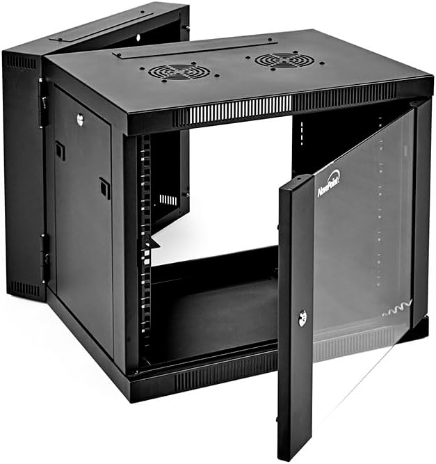 NavePoint 9U Server Cabinet with Hinged Back - 17.7” Deep, 9U Server Rack Enclosure with Locking Glass Door, Wall Mount Rack with Removable Side Panels, 9U Network Cabinet with 2 Fans, Pre-Assembled