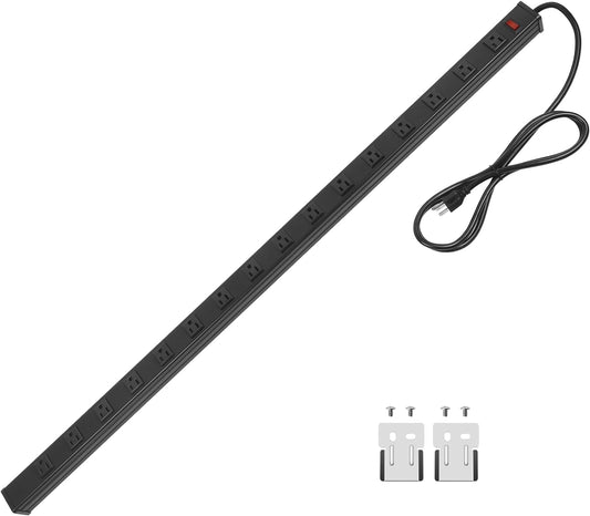 Long Heavy Duty 16 Outlet Large Metal Garage Workshop Multi Wide Industrial Power Strip. 6FT Cord 15A, 125V, 1875W (Black)