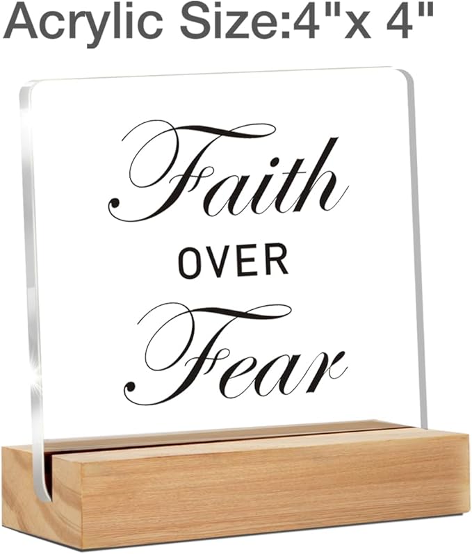 Positive Christian Gifts for Women Men, Faith Over Fear Christian Clear Acrylic Sign With Wooden Stand for Desk Table Shelf