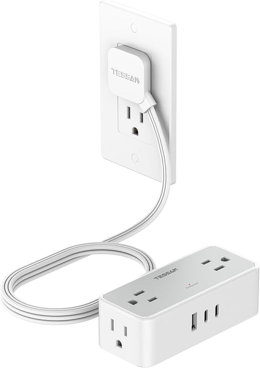 Flat Plug Extension Cord 5 FT, TESSAN Surge Protector Power Strip with 4 AC Outlets 3 USB Ports(2 USB C), 900 Joules Protection, Suitable for Home Office Dorm, Desk Organizers and Accessories
