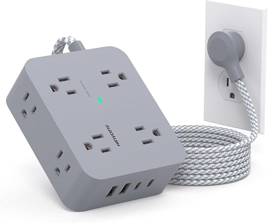Power Strip with USB C Ports(2 USB C), 8 Outlets Surge Protector with 5 Ft Extension Cord, Flat Plug Wall Mount, Desk Charging Station for Home Office, ETL Listed Gray