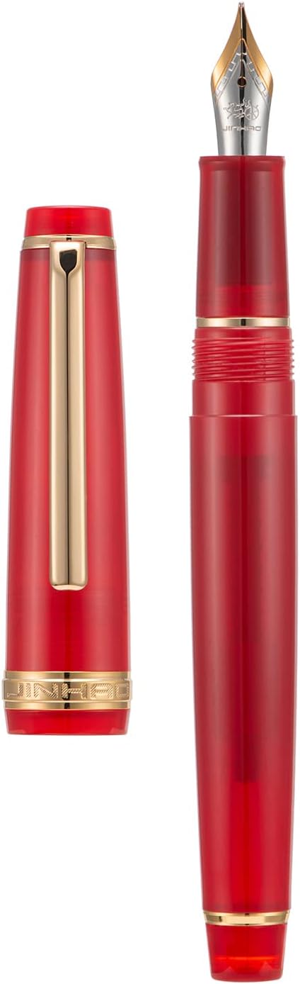Jinhao 82 Acrylic Fountain Pen, Iridium Extra Fine Nib with Ink Converter, Transparent Red Classic Design Smooth Writing Pen (Gold Trim)