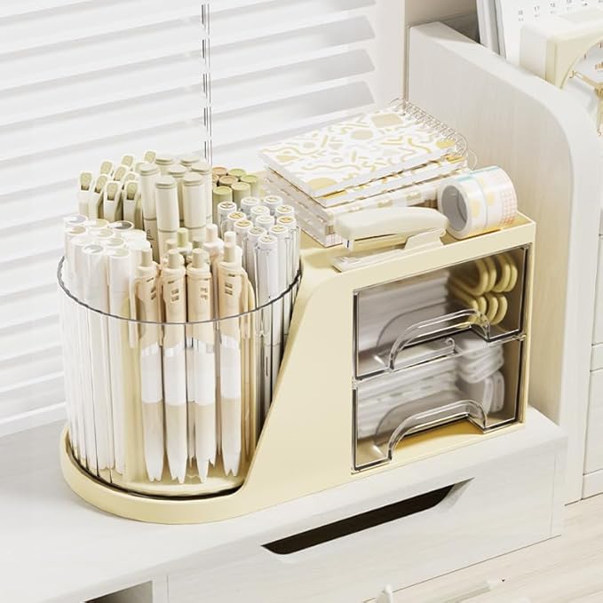 360 Degree Turntable Pen Holder Office Desk Organizer Pencil Holder for Desk Multi-Functional Pencil Pencil Cup Desktop Stationary Organizer Storage for Office School (Beige-with Drawer)