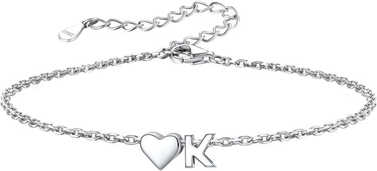 Silvora 925 Sterling Silver Dainty Initial Bracelet with Heart - 6.3" + 2" Adjustable Personalized 26 Letter Bracelet Jewelry Heart Bracelet for Women