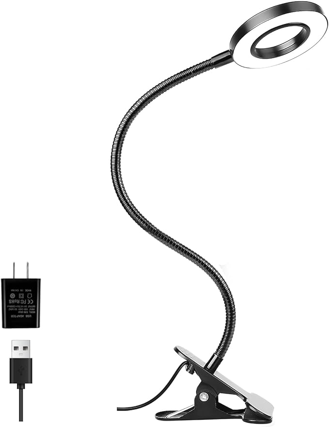 Desk Clip on Lamp for Reading Home Office, with 5V 2A Adapter, 10 Dimmable Brightness 3 Modes, Clamp Reading Light for Bed Headboard, Craft (Black)…