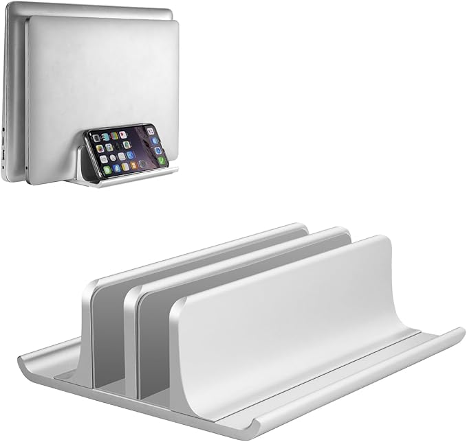 Vaydeer Aluminum Laptop Stand Double-Slot Adjustable Vertical Laptop Stand Newly Designed 2 Slot Desktop Holder for All MacBook/Chromebook/Surface/Dell/iPad Up to 17.3 Inches, Silver