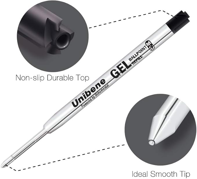 Unibene Parker Compatible Gel Ink Ballpoint Refills 12 Pack,0.7mm Medium Point-Black, Smooth Writing Replaceable German Ink Tactical Pen Refills for Parker Ballpoint/UZI Pen