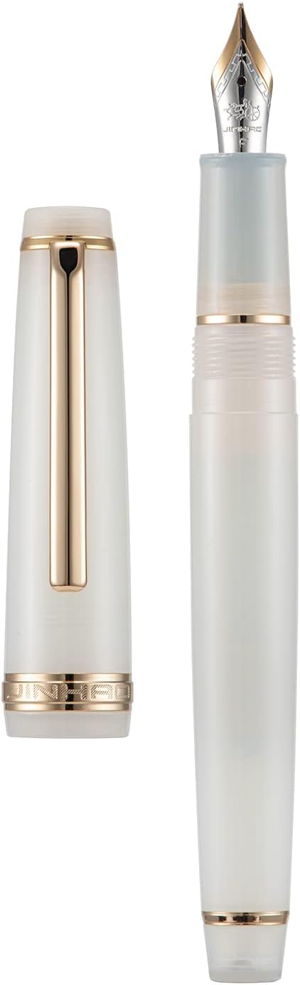 Jinhao 82 Acrylic Fountain Pen, Iridium Medium Nib with Ink Converter, Transparent Ivory White Classic Design Smooth Writing Pen (Gold Trim)