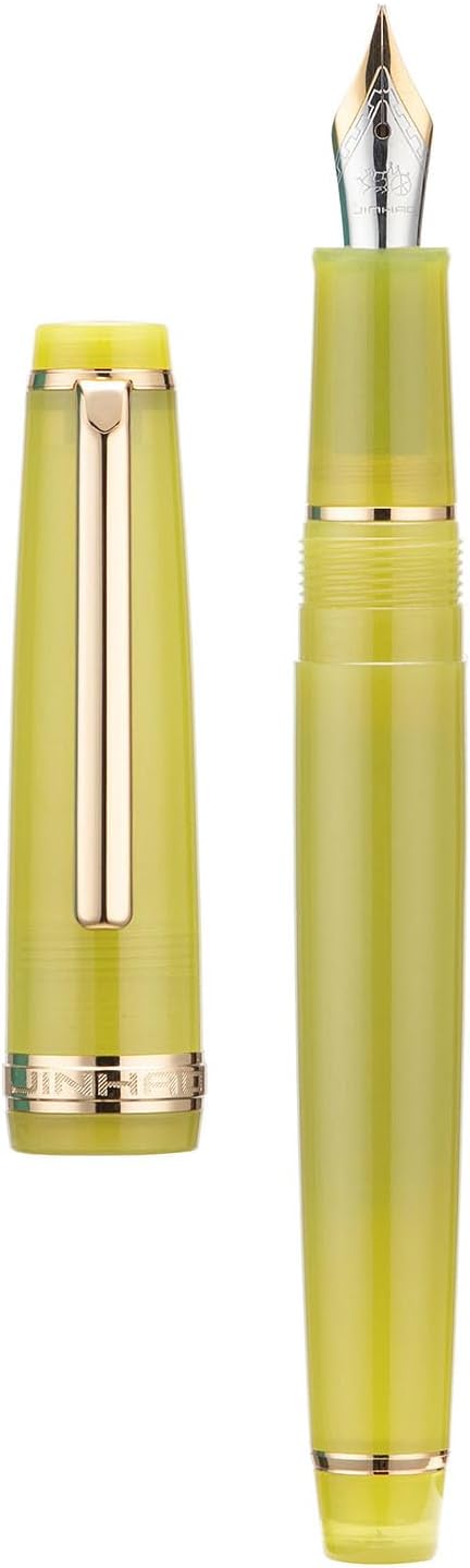 Jinhao 82 Acrylic Fountain Pen, Iridium Fine Nib with Ink Converter, Transparent Mustard Yellow Classic Design Smooth Writing Pen (Gold Trim)