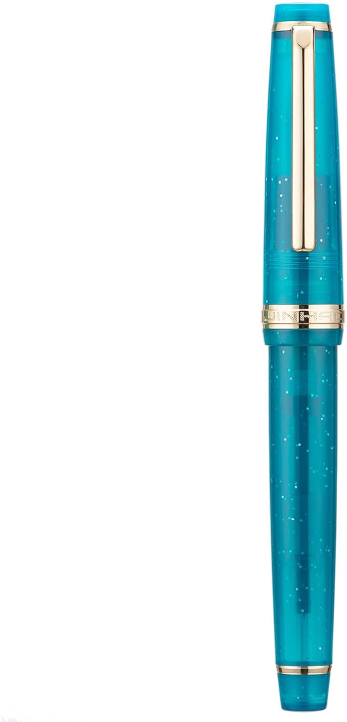 Jinhao 82 Acrylic Fountain Pen, Iridium Medium Nib with Ink Converter, Transparent Peacock Blue Fluorescent Classic Design Smooth Writing Pen (Gold Trim)