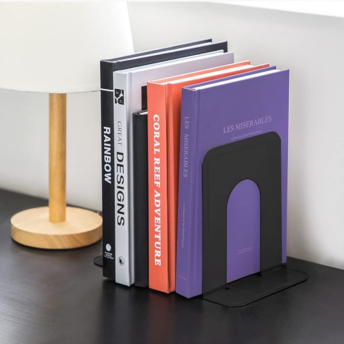 MaxGear Book Ends Universal Premium Bookends for Shelves, Non-Skid Bookend, Heavy Duty Metal Book End, Book Stopper for Books/Movies/CDs/Video Games, 6 x 4.6 x 6 in, Black (4 Pairs/8 Pieces, Large)