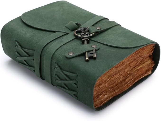 Fausta Vintage Handcrafted Leather Journal with Key for Writing, 240 Pages (A4), Deckled Cotton Paper Notebook/Diary for Men and Women 150 GSM Drawing/Sketchbook, Hunter Green