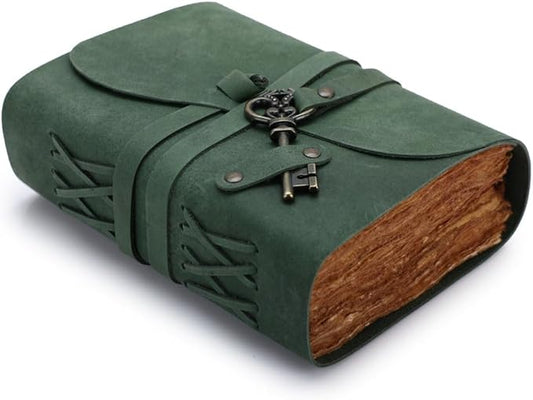 Fausta Vintage Handcrafted Leather Journal with Key for Writing, 240 Pages (A4), Deckled Cotton Paper Notebook/Diary for Men and Women 150 GSM Drawing/Sketchbook, Hunter Green