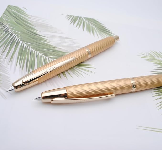 JINHAO 10 Press Fountain Pen, Retractable Metal Pen with Ink Converter (F Nib 0.5mm, Striated Golden)